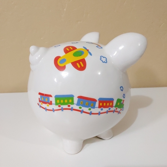 Ceramic white with trains kids piggy bank - Picture 4 of 7